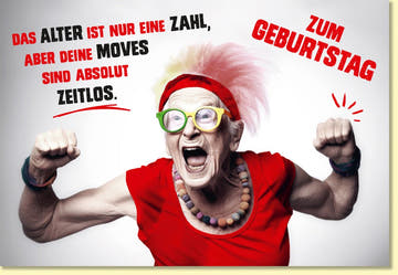 Geburtstagskarte lustig mit cooler Oma in buntem Outfit und Spruch Das Alter ist nur eine Zahl originelle Doppelkarte zum Geburtstag