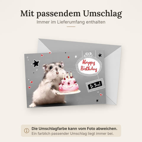 Geburtstagskarte lustig mit Hamster und Geburtstagskuchen süße Doppelkarte Happy Birthday Karte witzige Tiermotiv Grußkarte für Kinder und Erwachsene