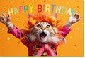 Geburtstagskarte lustig mit Katze im bunten Kostüm und Happy Birthday Schriftzug witzige Doppelkarte für Katzenliebhaber