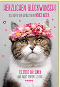 Geburtstagskarte lustig mit Katze und Blumenkranz witzige Doppelkarte für Frauen Männer originelle Glückwunschkarte Geburtstag