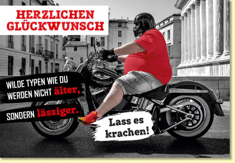 Geburtstagskarte lustig mit Motorradfahrer im Comic - Stil witzige Sprüche für Männer originelle Doppelkarte zum Geburtstag