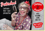 Geburtstagskarte lustig mit Spruch Prösterchen Champus und Prosecco Motiv ältere Dame witzige Doppelkarte für Frauen Geburtstagsgruß