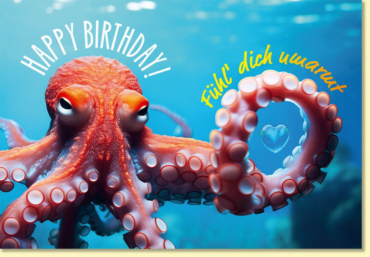 Geburtstagskarte lustig Oktopus Unterwasser Happy Birthday Fühl dich umarmt witzige Doppelkarte originelle Grußkarte zum Geburtstag