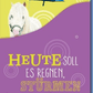 Geburtstagskarte Lustig – Pony mit Regenschirm und Gummistiefeln auf Konfetti