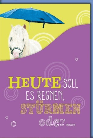 Geburtstagskarte Lustig – Pony mit Regenschirm und Gummistiefeln auf Konfetti