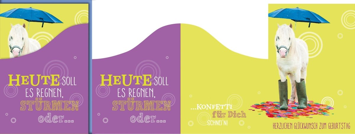 Geburtstagskarte Lustig – Pony mit Regenschirm und Gummistiefeln auf Konfetti