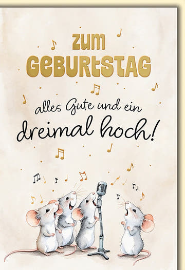 Geburtstagskarte Lustig – Singende Mäuse mit Mikrofon und Musiknoten - Design