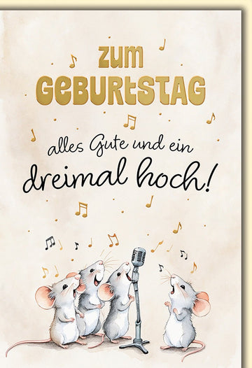 Geburtstagskarte Lustig – Singende Mäuse mit Mikrofon und Musiknoten - Design