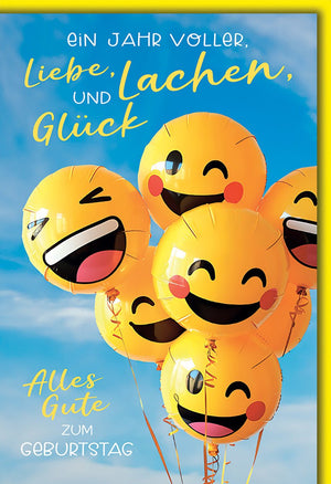 Geburtstagskarte Lustig – Smiley-Ballons mit fröhlichem Himmel und buntem Text