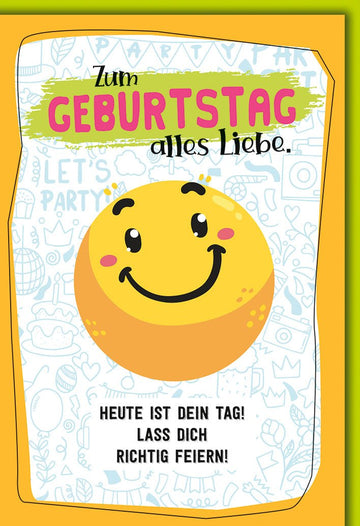 Geburtstagskarte Lustig – Smiley - Gesicht mit buntem Party - Hintergrund und Spruch