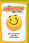 Geburtstagskarte – Smiley-Gesicht mit buntem Party-Hintergrund und Spruch
