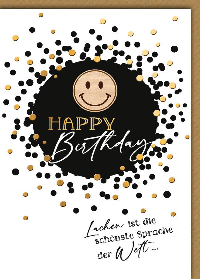 Geburtstagskarte Lustig – Smiley mit Goldpunkten und Spruch über Lachen