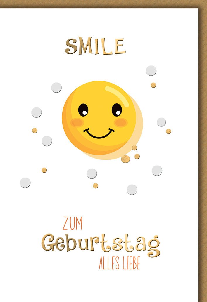 Geburtstagskarte Lustig – Smiley mit Konfetti und verspieltem Schriftzug