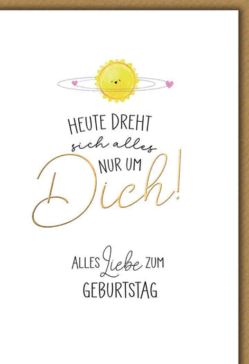 Geburtstagskarte Lustig – Sonnensystem mit Herz und humorvollem Spruch