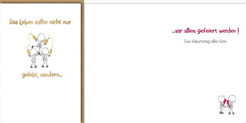Geburtstagskarte Lustig – Strichmännchen mit Sektgläsern und humorvollem Spruch