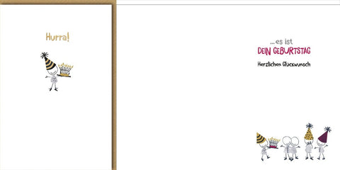 Geburtstagskarte Lustig – Tanzende Tiere mit Partyhüten und humorvollem Spruch