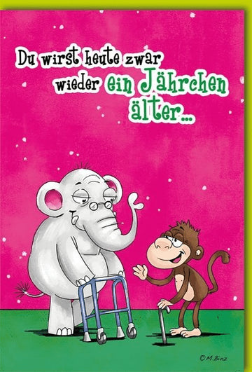 Geburtstagskarte Lustig – Tanzender Elefant und Affe mit Rollator und Boombox