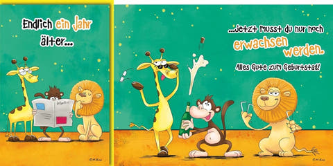 Geburtstagskarte Lustig – Tiere feiern mit Giraffe und Löwe in Comic - Stil