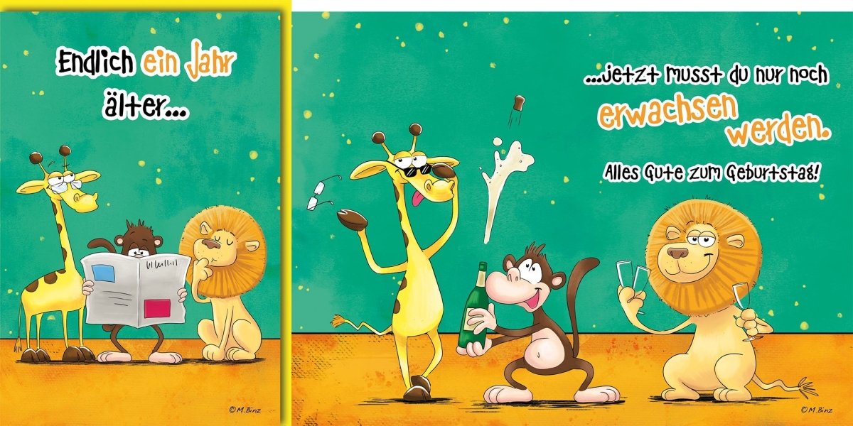 Geburtstagskarte Lustig – Tiere feiern mit Giraffe und Löwe in Comic - Stil
