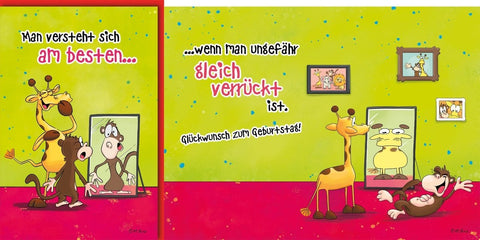 Geburtstagskarte Lustig – Tiere im Spiegel mit buntem Comic - Design und witzigem Spruch