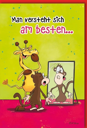Geburtstagskarte Lustig – Tiere im Spiegel mit buntem Comic - Design und witzigem Spruch