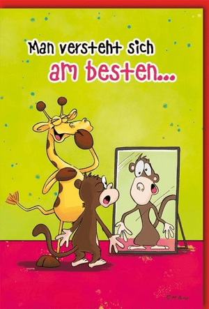 Geburtstagskarte Lustig – Tiere im Spiegel mit buntem Comic-Design und witzigem Spruch