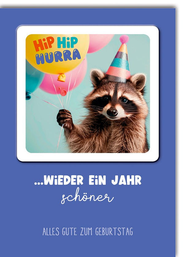 Geburtstagskarte Lustig – Waschbär mit Partyhut und Ballons in fröhlichen Farben