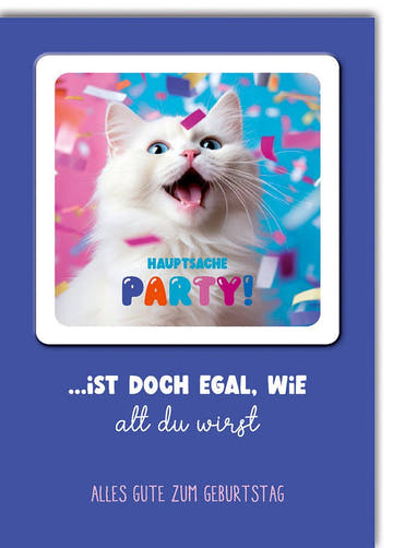 Geburtstagskarte Lustig – Weiße Katze mit Konfetti und buntem Party - Schriftzug