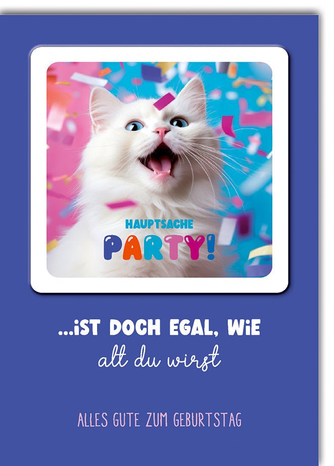 Geburtstagskarte Lustig – Weiße Katze mit Konfetti und buntem Party - Schriftzug