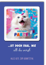 Geburtstagskarte Lustig – Weiße Katze mit Konfetti und buntem Party - Schriftzug