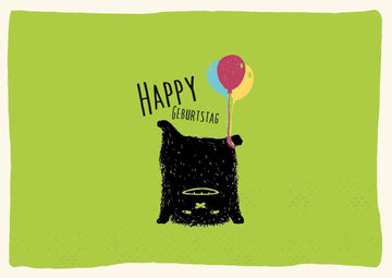 Geburtstagskarte: Lustige Karte mit süßem Bären, der auf dem Kopf steht und bunten Ballons – ideal für Kinder und Tierfreunde, geburtstagspostkarten.