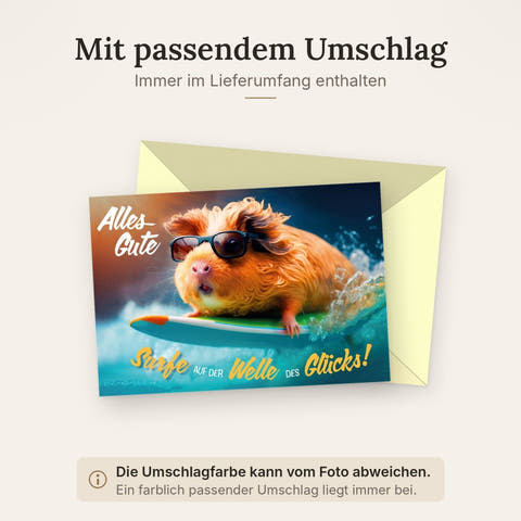 Geburtstagskarte lustiges Meerschweinchen mit Sonnenbrille auf Surfbrett Alles Gute witzige Glückwunschkarte Geburtstag Doppelkarte