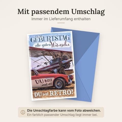 Geburtstagskarte Männer – Retro Flugzeug und Auto mit humorvollem Spruch