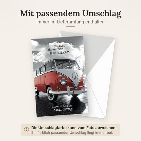 Geburtstagskarte Männer – Roter VW-Bus mit Retro-Charme und Wolkenhimmel