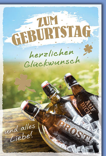 Geburtstagskarte Männer – Bierflaschen im Eis mit Kleeblatt und rustikalem Charme