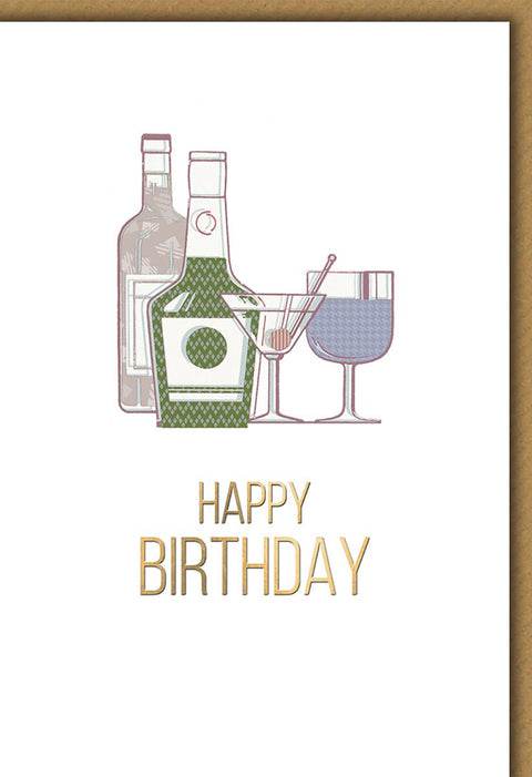 Geburtstagskarte Männer – Flaschen und Gläser mit Goldschrift und modernem Design