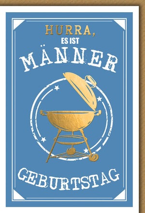 Geburtstagskarte Männer – Goldener Grill auf Blau mit rustikalem BBQ-Design