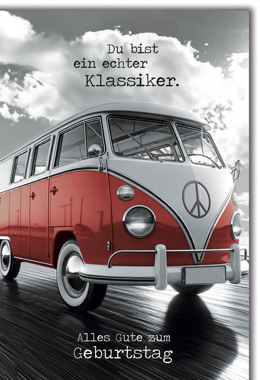 Geburtstagskarte Männer – Roter VW - Bus mit Retro - Charme und Wolkenhimmel