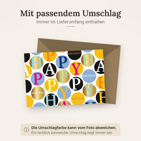 Geburtstagskarte - Midoro Stilvolle Happy Birthday Karte mit Bunten Kugeln & Goldakzenten, Elegantes Party-Design für Erwachsene und Jugendliche