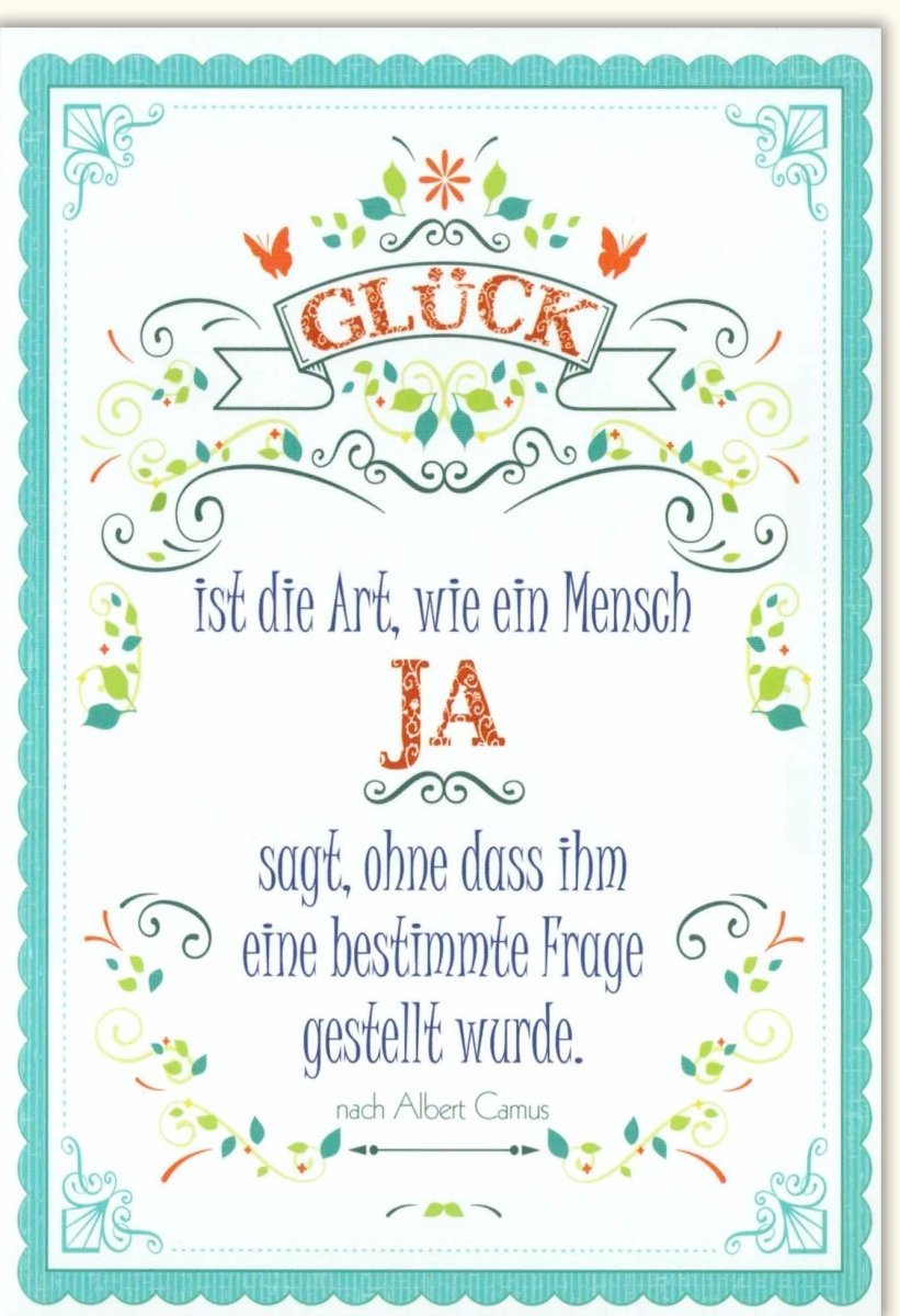 Geburtstagskarte mit Albert Camus Zitat, Farbenfrohe Glückwünsche, Spruchkarte voller Lebensfreude & Positivität