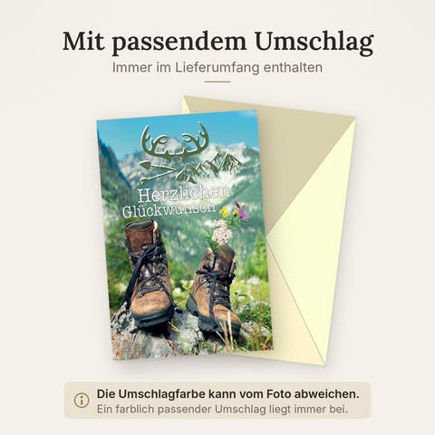 Geburtstagskarte mit Berglandschaft und Wanderschuhen, Herzlichen Glückwunsch im Naturdesign mit Hirschgeweih und Blumenmotiv