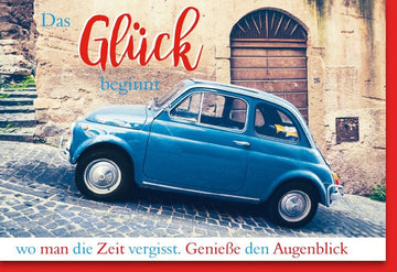 Geburtstagskarte mit blauem Auto und Glücksspruch – Perfekte Grüße für Autofans