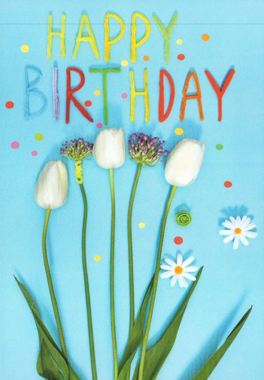 Geburtstagskarte mit Blumendesign - Blaue Glückwunschkarte, Tulpen & Ranunkeln, Festliche Margeriten, Bunter Schriftzug & Punkte