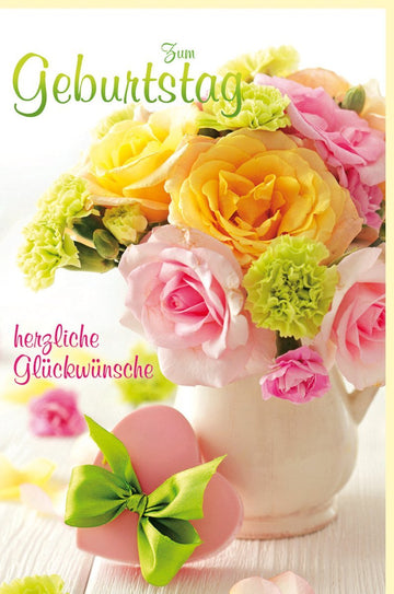 Geburtstagskarte mit Blumengruß in Vase - Vintage - Design, Gelb Rosa Grün, Schleifen & Lichteffekte auf Holztisch