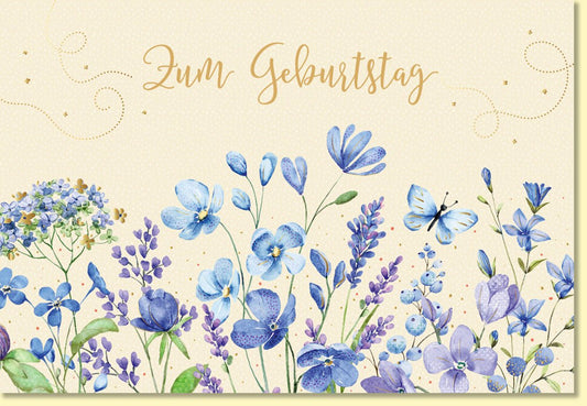 Geburtstagskarte mit Blumenmotiv und Schmetterling in Blau Lila Aquarell Glückwunschkarte zum Geburtstag edles Design