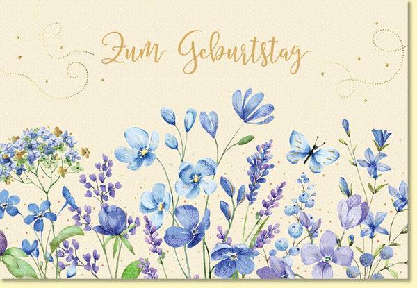 Geburtstagskarte mit Blumenmotiv und Schmetterling in Blau Lila Aquarell Glückwunschkarte zum Geburtstag edles Design