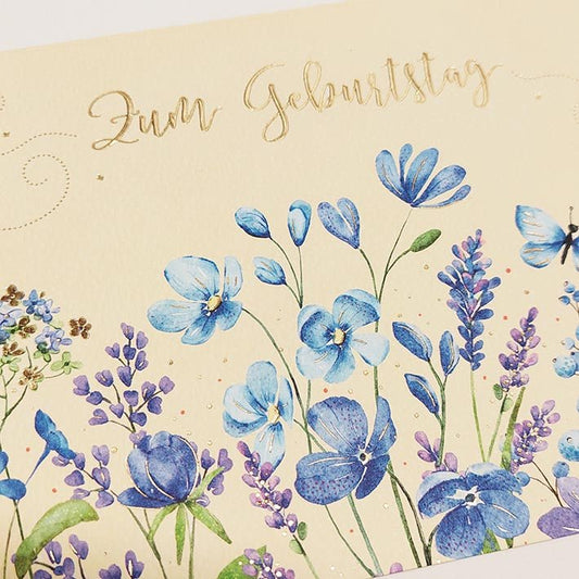 Geburtstagskarte mit Blumenmotiv und Schmetterling in Blau Lila Aquarell Glückwunschkarte zum Geburtstag edles Design