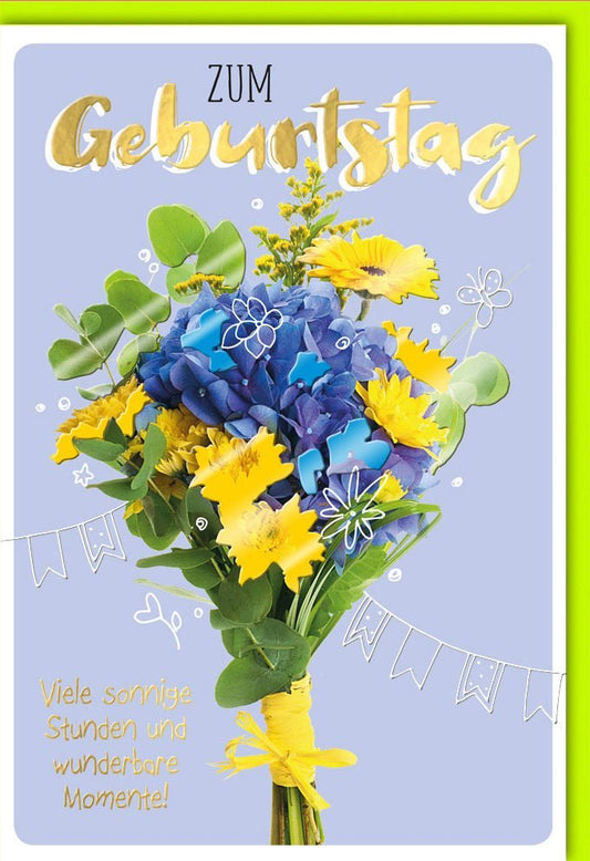 Geburtstagskarte mit Blumenstrauß in Gelb und Blau - Wünsche für sonnige Stunden und schöne Momente
