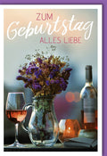 Geburtstagskarte mit Blumenstrauß, Weinglas und Kerze – Elegantes Design für besondere Glückwünsche