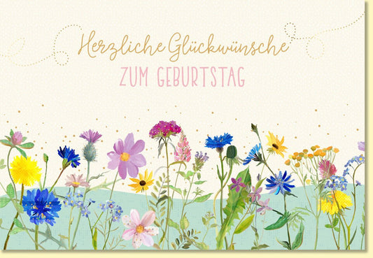 Geburtstagskarte mit Blumenwiese und Herzliche Glückwünsche zum Geburtstag farbenfrohe Doppelkarte für persönliche Geburtstagsgrüße